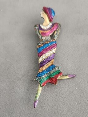 Multicolor Glitter Lady Brooch Pin - Elegant Costume Jewelry